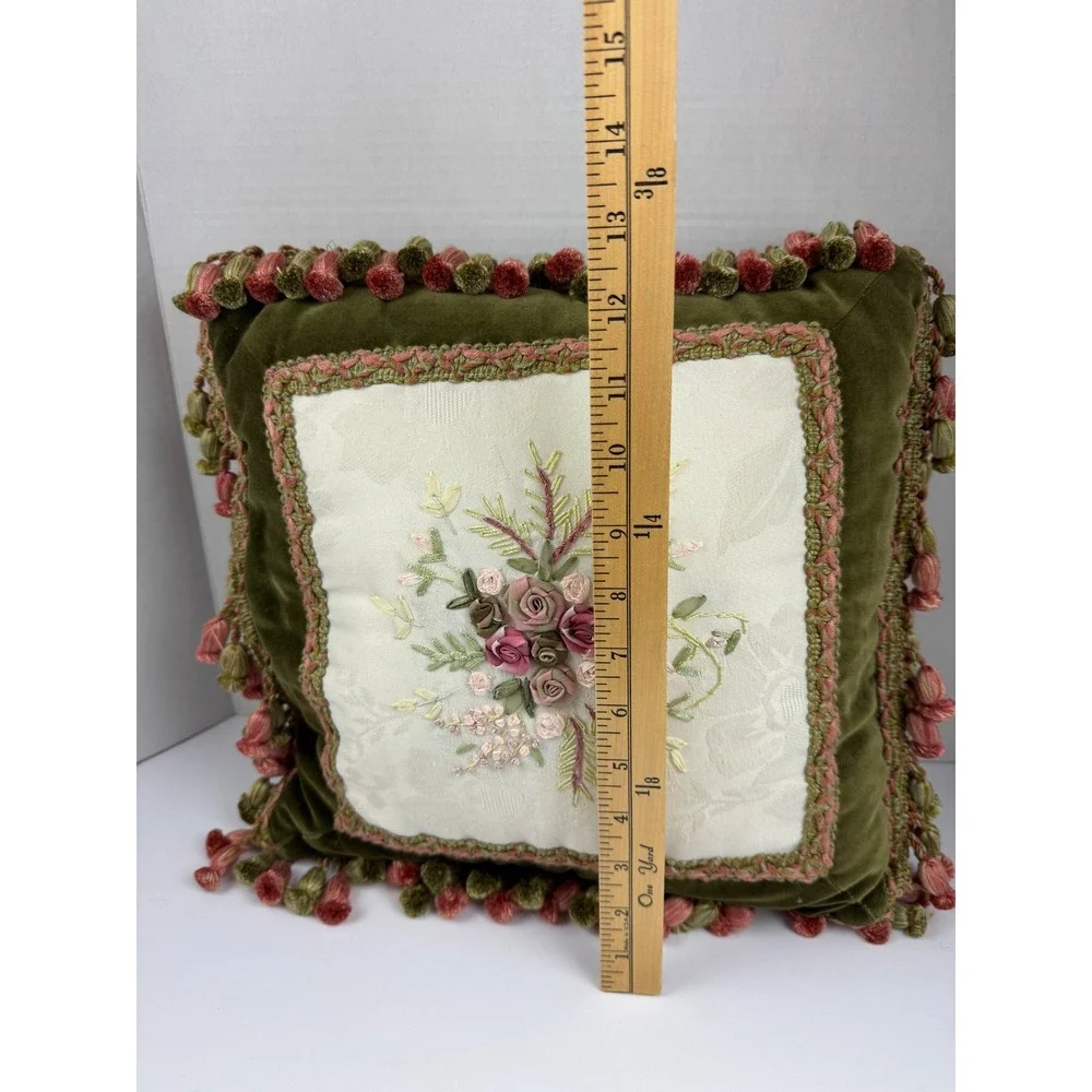 Vintage Silk Ribbon Embroidery Floral Velvet Tassel Trim Throw Pillow Green Pink